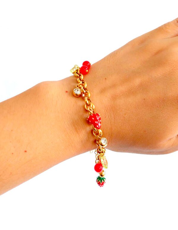 🍓 Brazalete de Fresas y Cerezas — Joyería en Acero Inoxidable con Brillantes