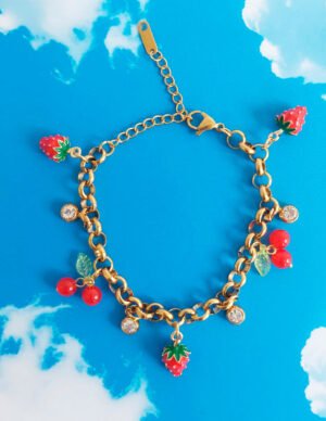 🍓 Brazalete de Fresas y Cerezas — Joyería en Acero Inoxidable con Brillantes