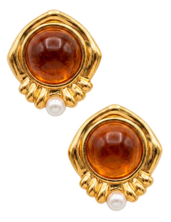 Aretes Dorados con Ámbar y Perla