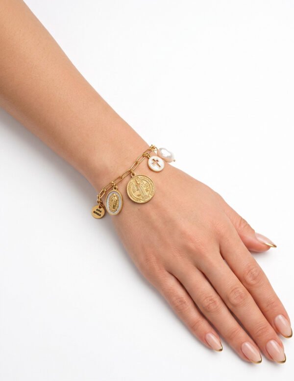 Pulsera San Benito, Virgen de Guadalupe y Cruz Blanca
